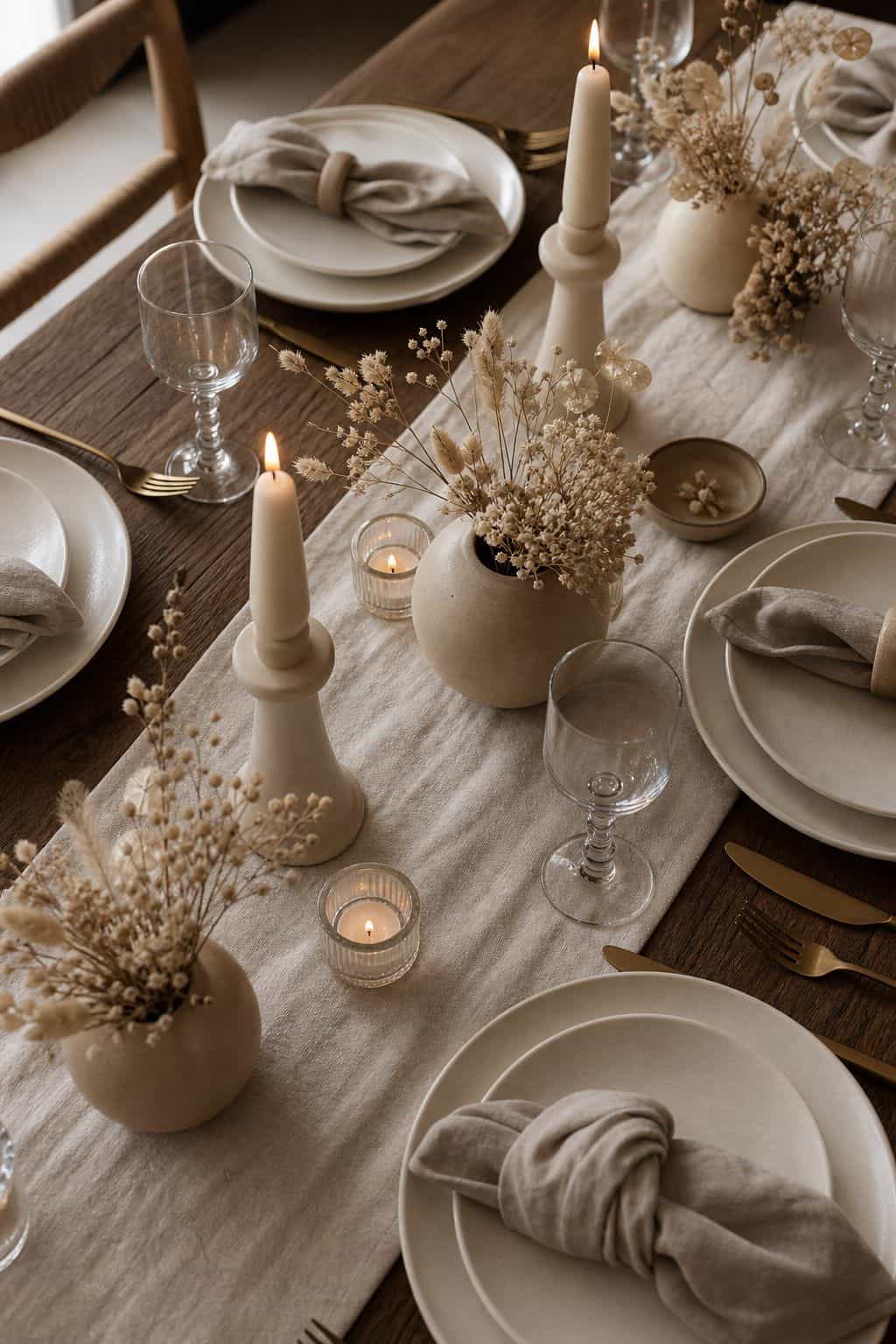 Modern neutral Friendsgiving table with cream linens and sculptural candles.