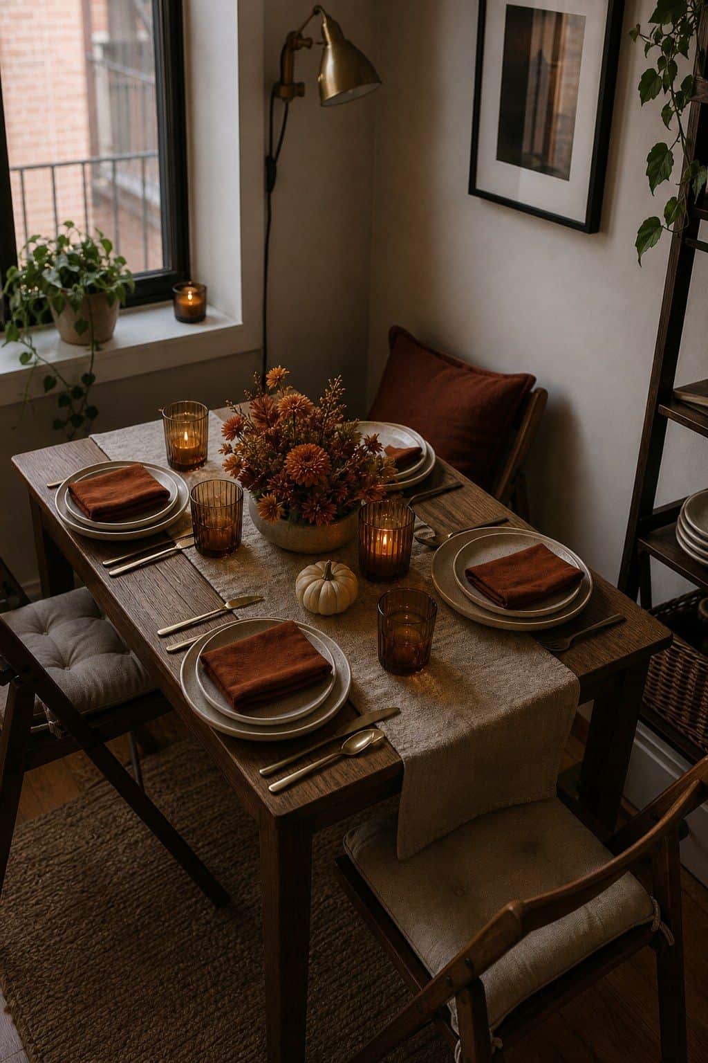 Budget-friendly Friendsgiving table styled with mixed dishes and simple candles.