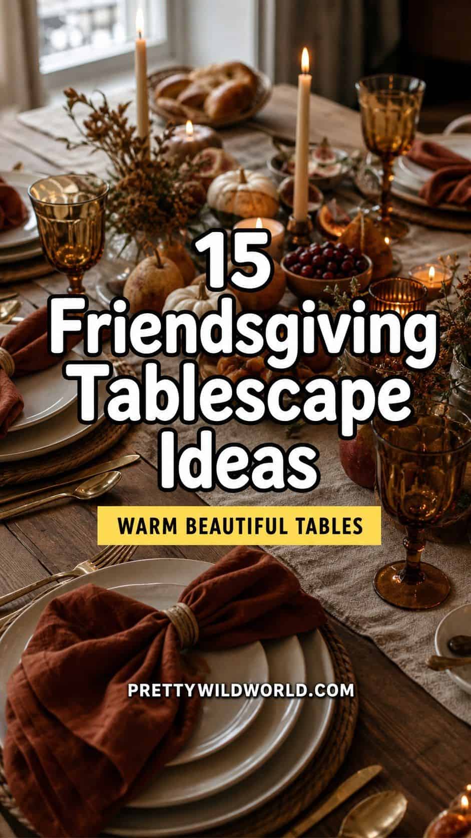 Friendsgiving tablescape ideas with warm layered table decor.