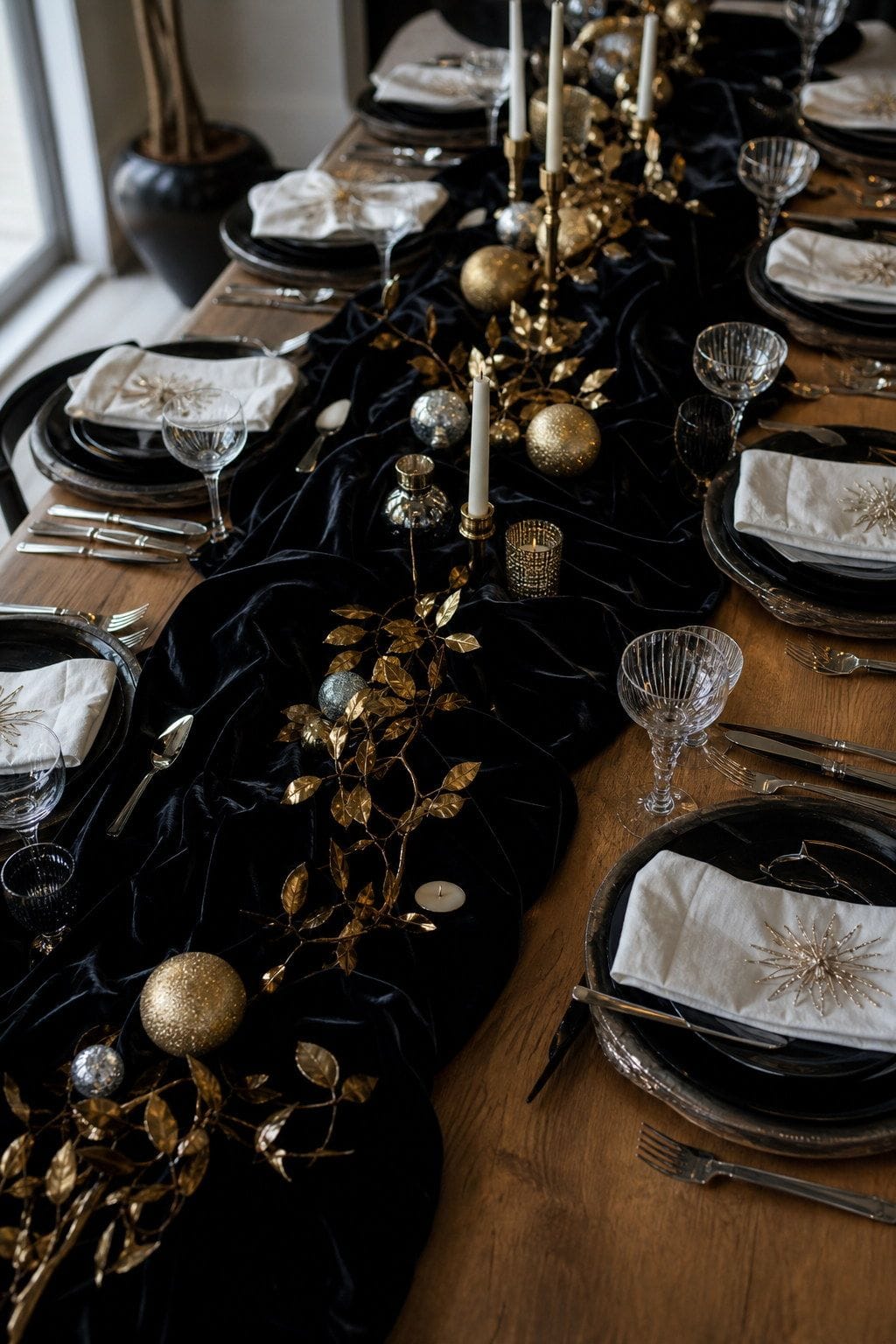 black table runner styled on a New Year's Eve dinner table