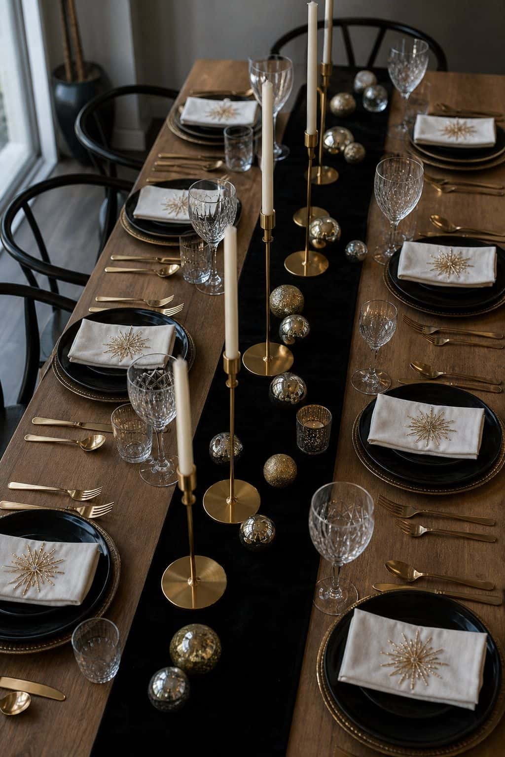 gold candle line styled on a New Year's Eve dinner table