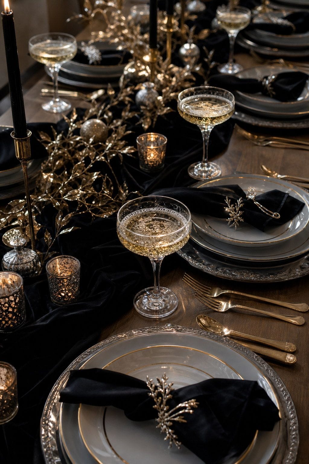 champagne coupes styled on a New Year's Eve dinner table