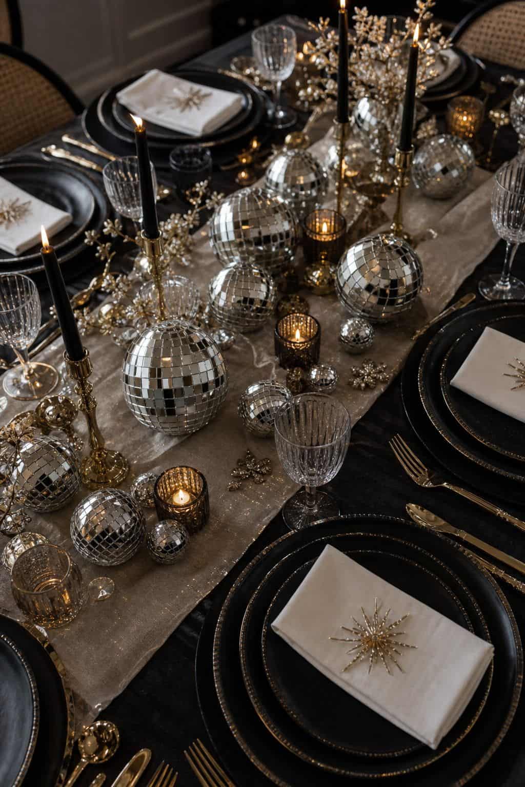 mini disco ball accent styled on a New Year's Eve dinner table