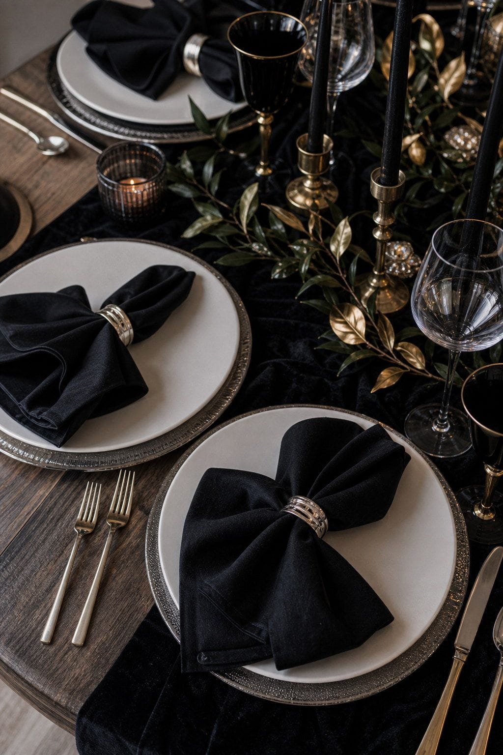 black linen napkins styled on a New Year's Eve dinner table