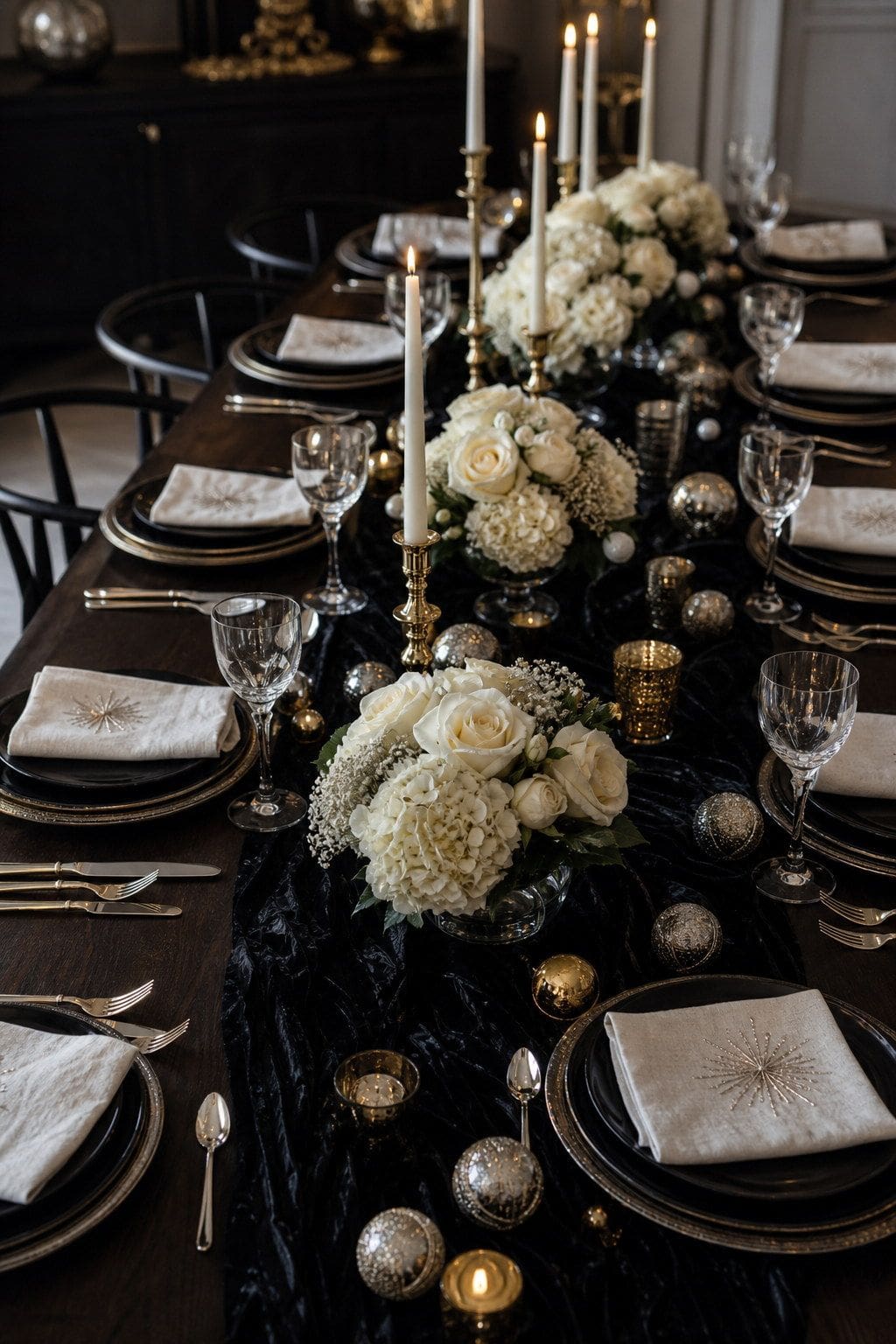 low white florals styled on a New Year's Eve dinner table