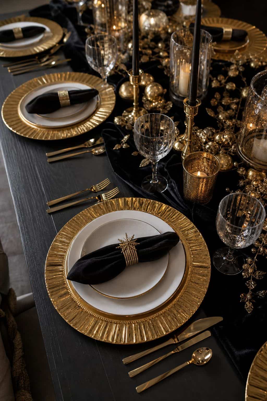 gold charger plates styled on a New Year's Eve dinner table