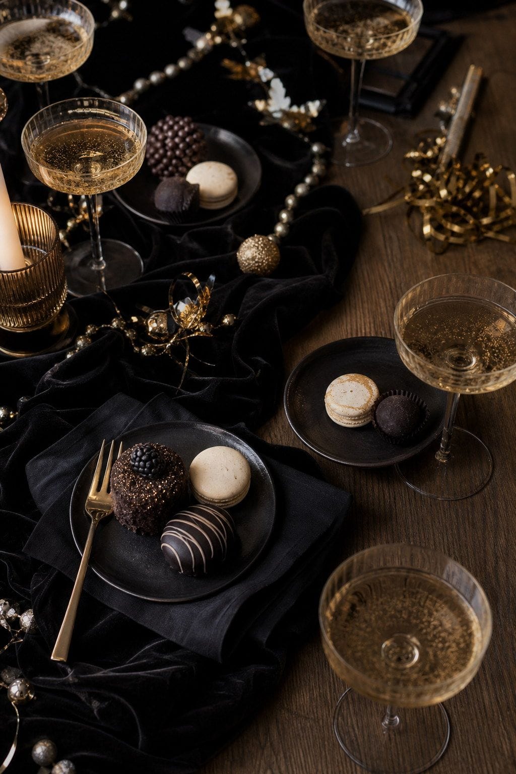 midnight dessert space styled on a New Year's Eve dinner table