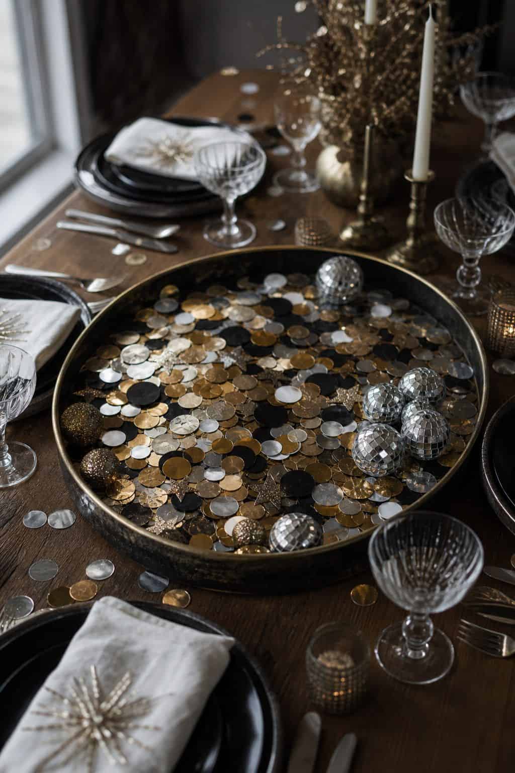 confetti kept contained styled on a New Year's Eve dinner table