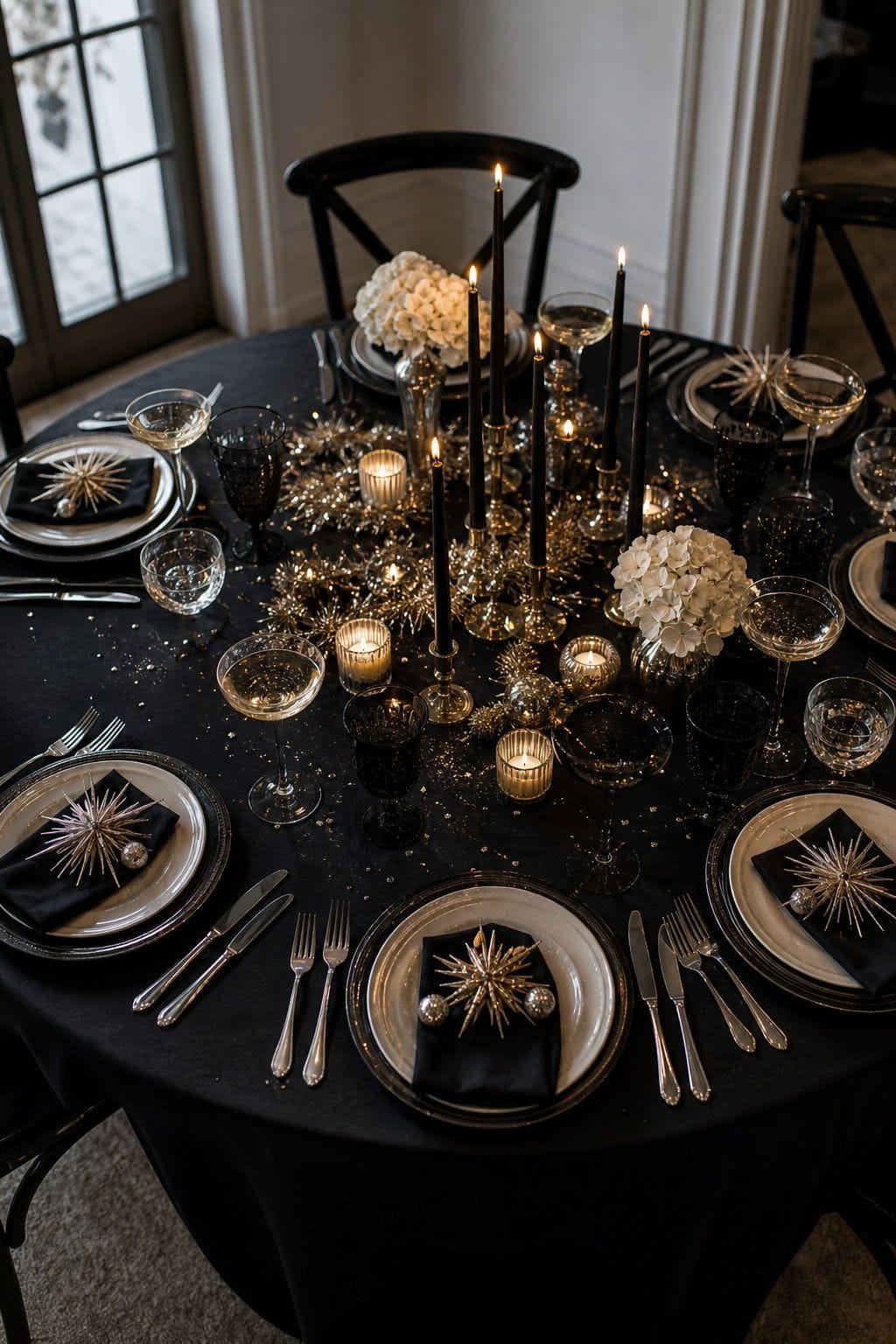 round table sparkle styled on a New Year's Eve dinner table