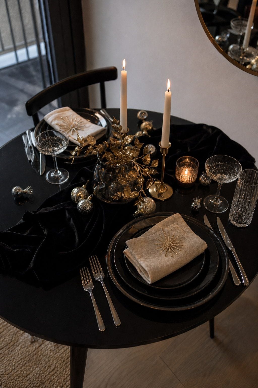 small apartment table styled on a New Year's Eve dinner table