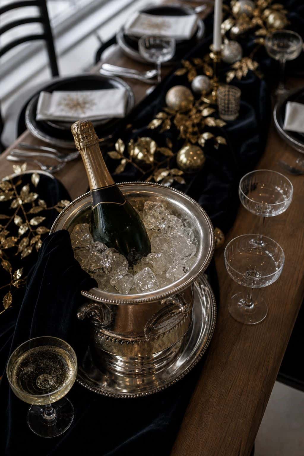 champagne bucket nearby styled on a New Year's Eve dinner table