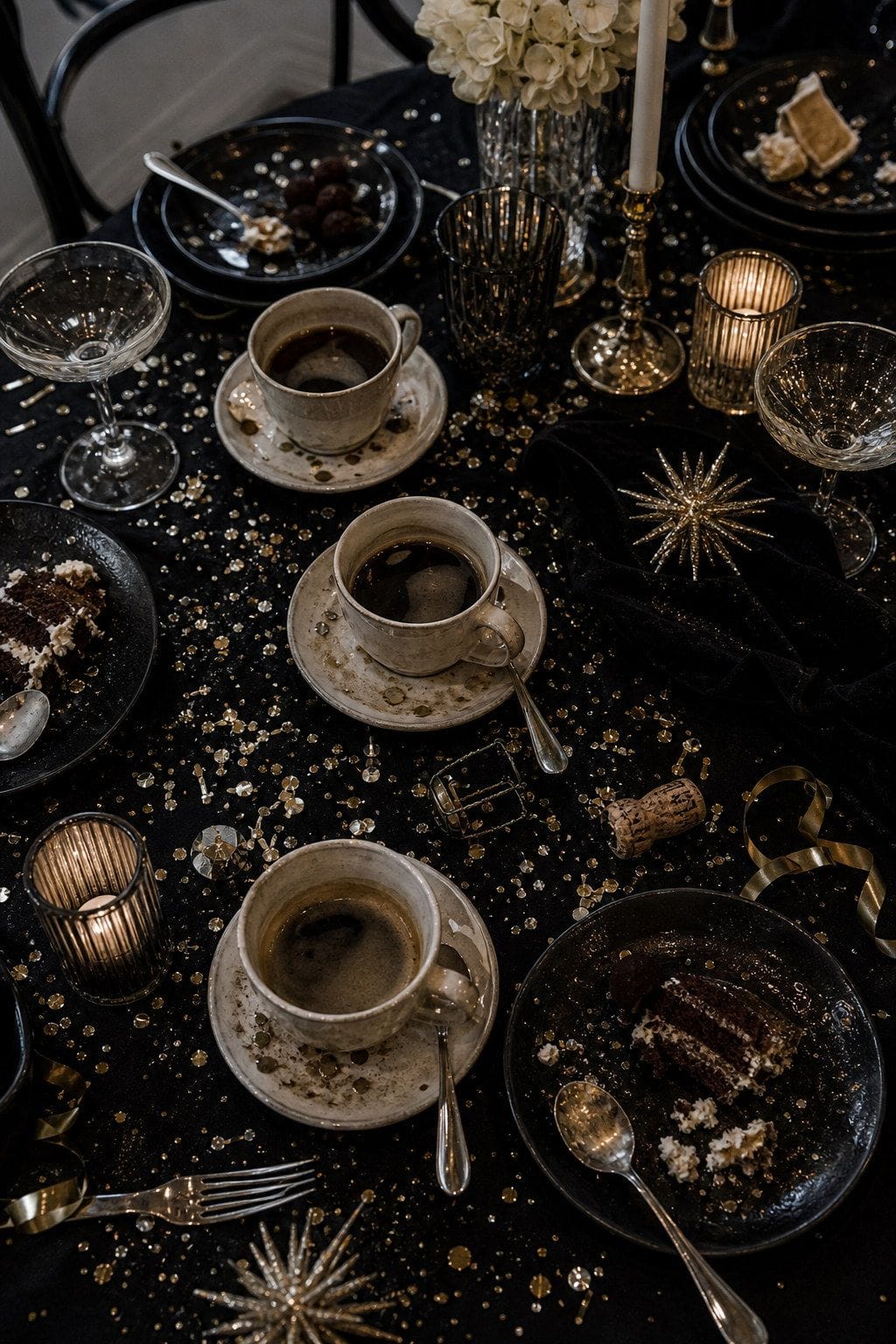 after-midnight coffee styled on a New Year's Eve dinner table