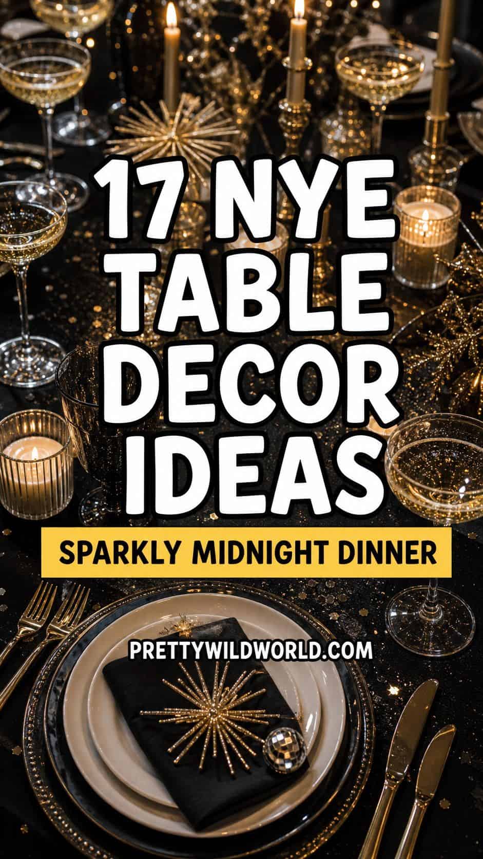 New Year's Eve table decor ideas with black, gold, and champagne details