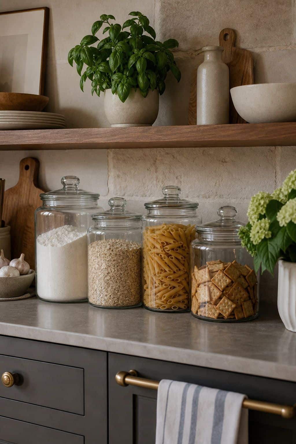 Summer kitchen decor with glass pantry jars