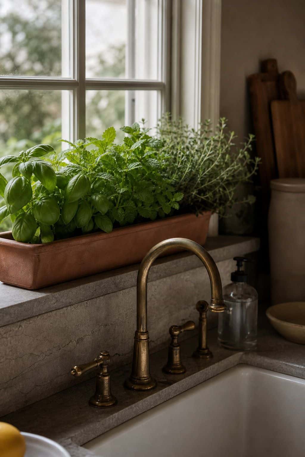 Summer kitchen decor with herb windowsill planter