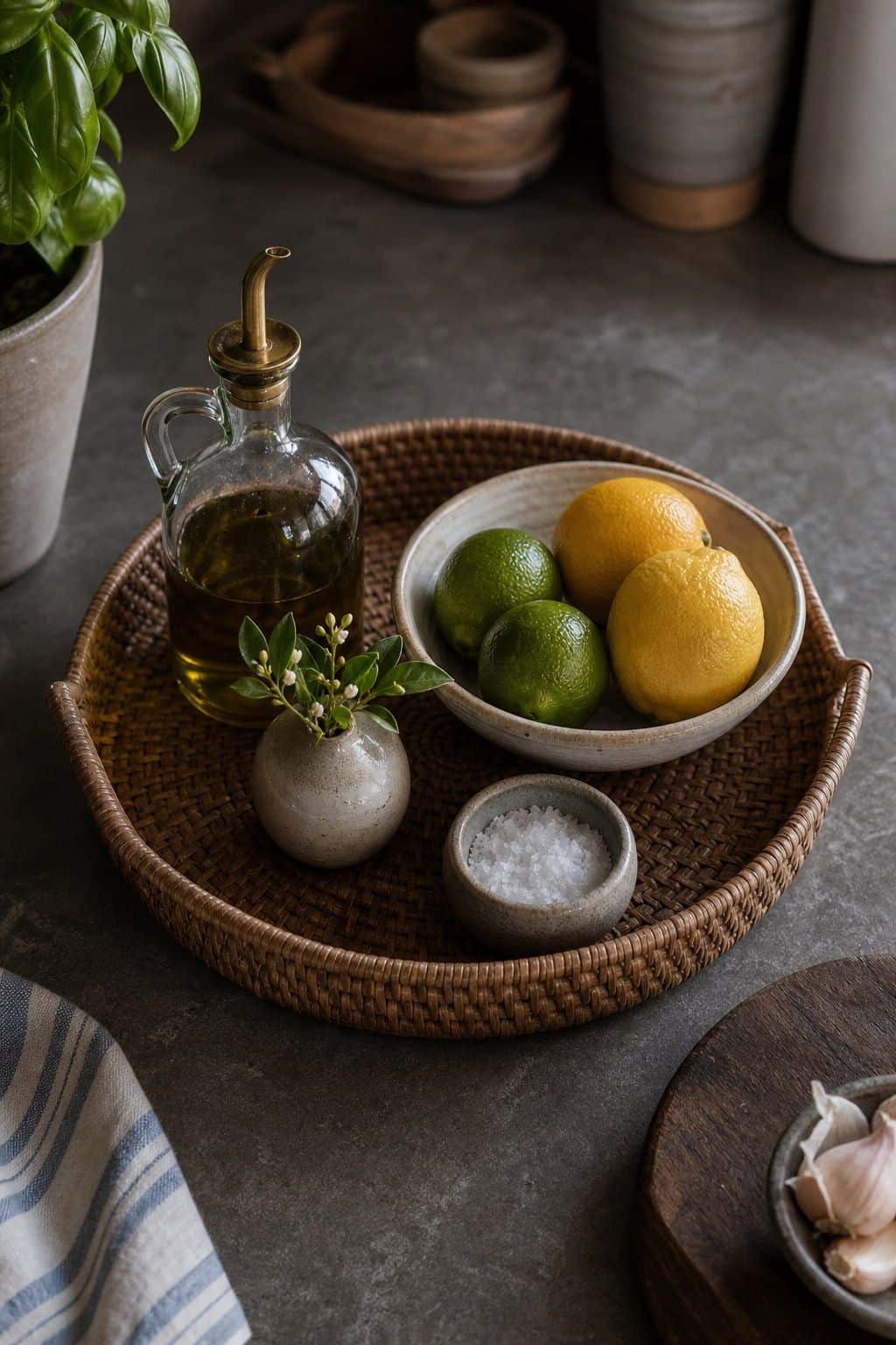Summer kitchen decor with rattan counter tray