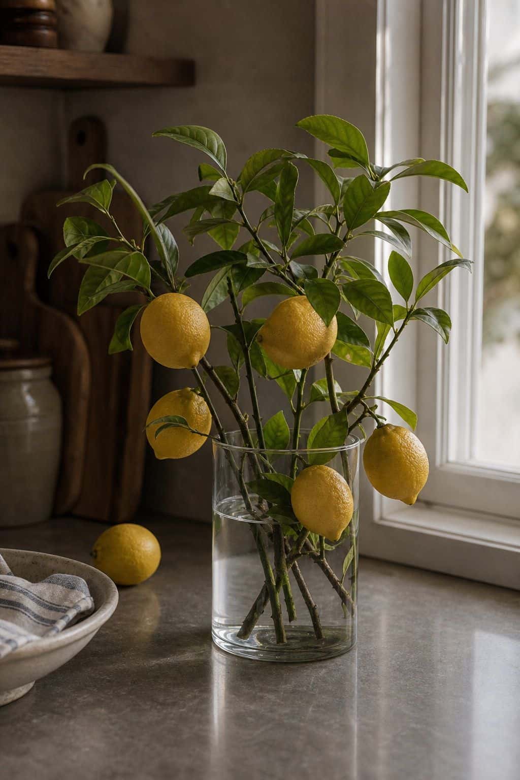 Summer kitchen decor with lemon branch stems