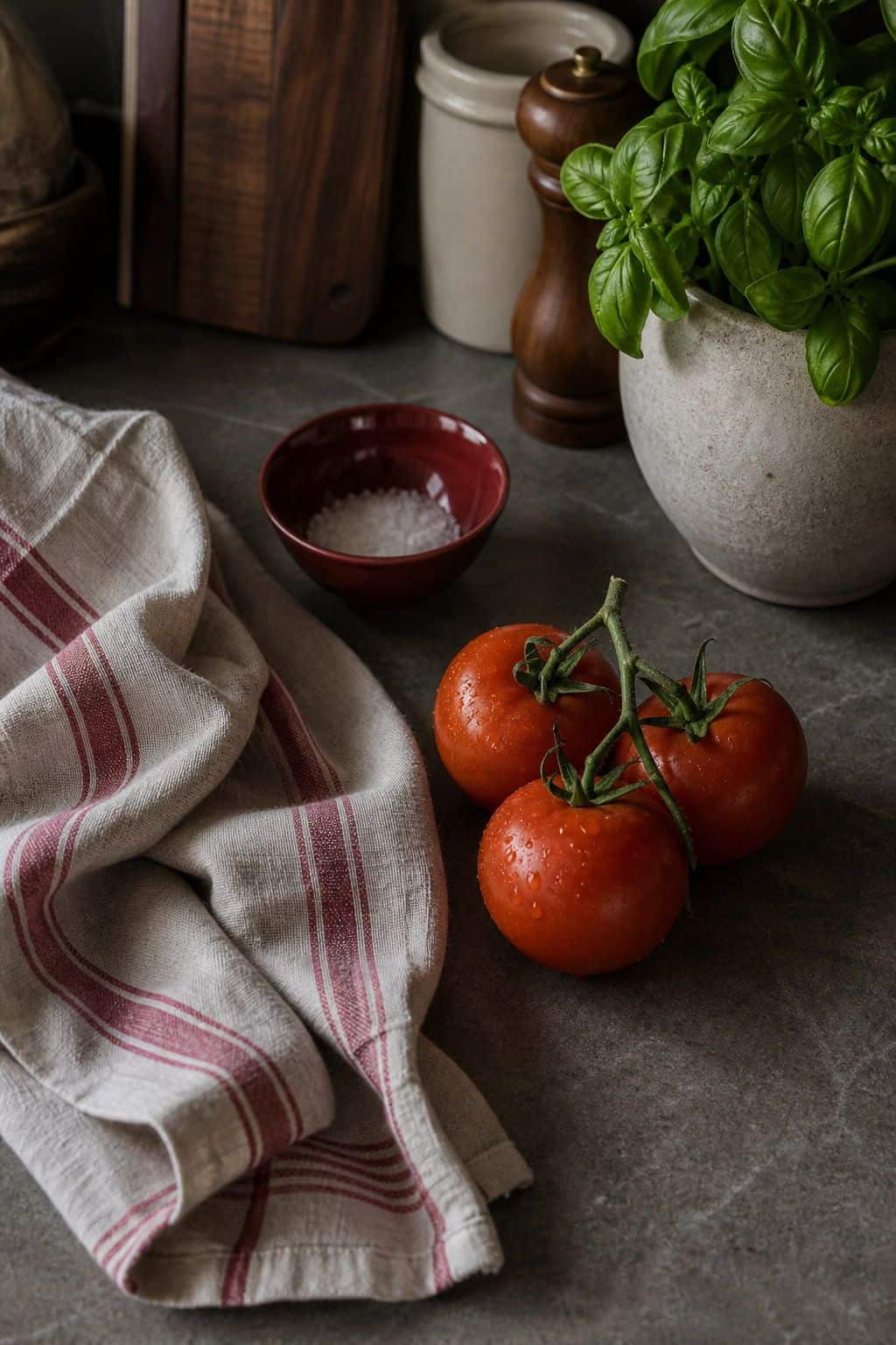 Summer kitchen decor with tomato red accent