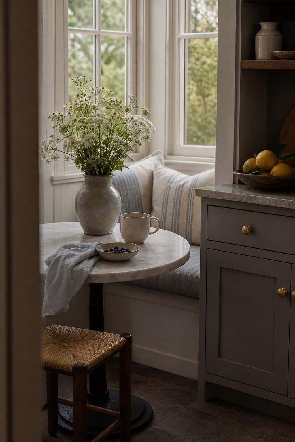 Summer kitchen decor with breakfast nook flowers