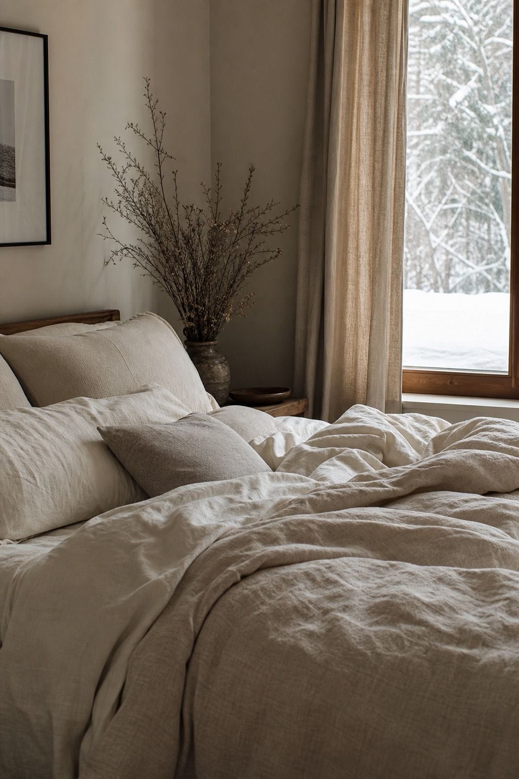 Winter bedroom decor idea with flannel sheets that breathe in a calm cozy bedroom.