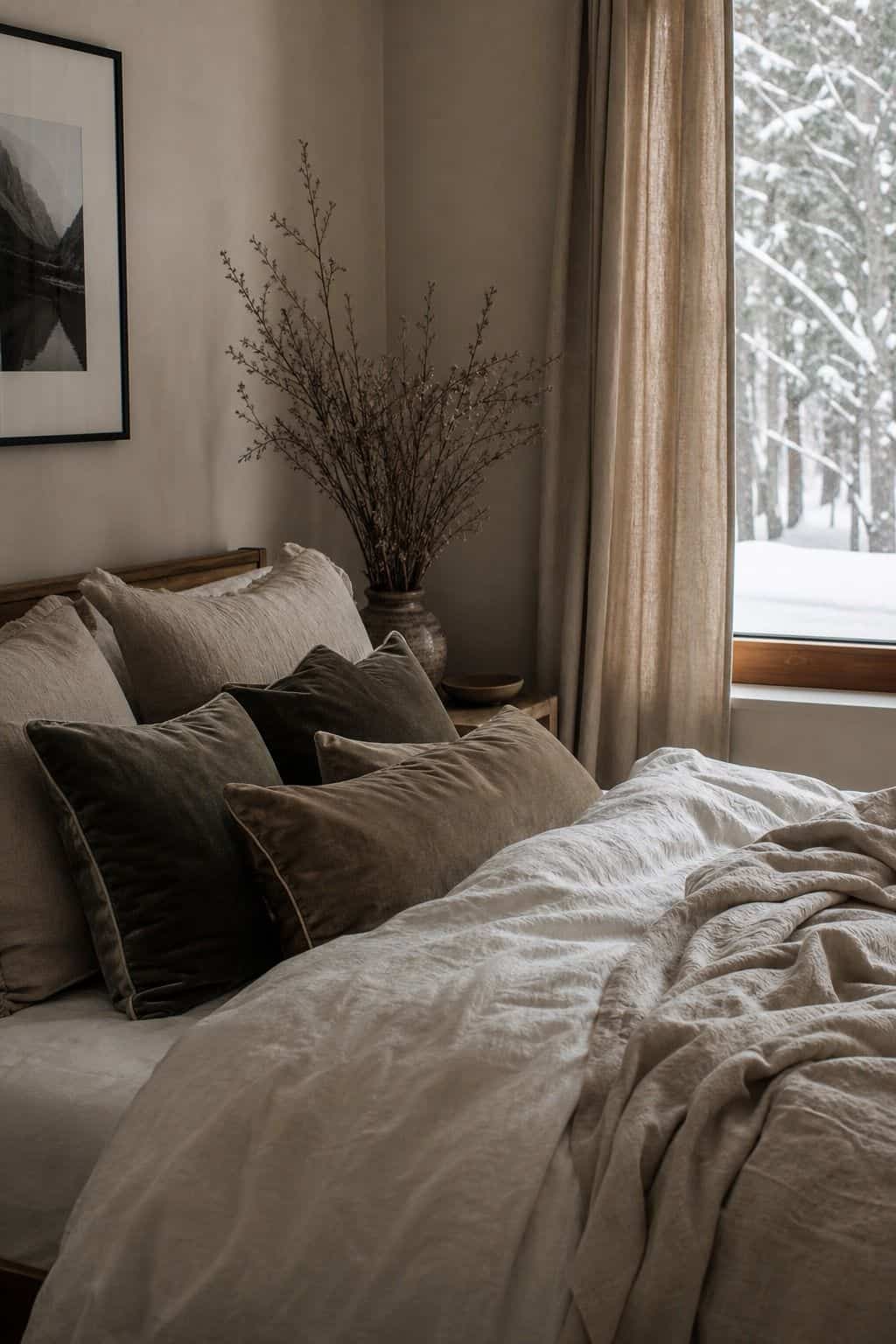 Winter bedroom decor idea with velvet pillow covers in a calm cozy bedroom.