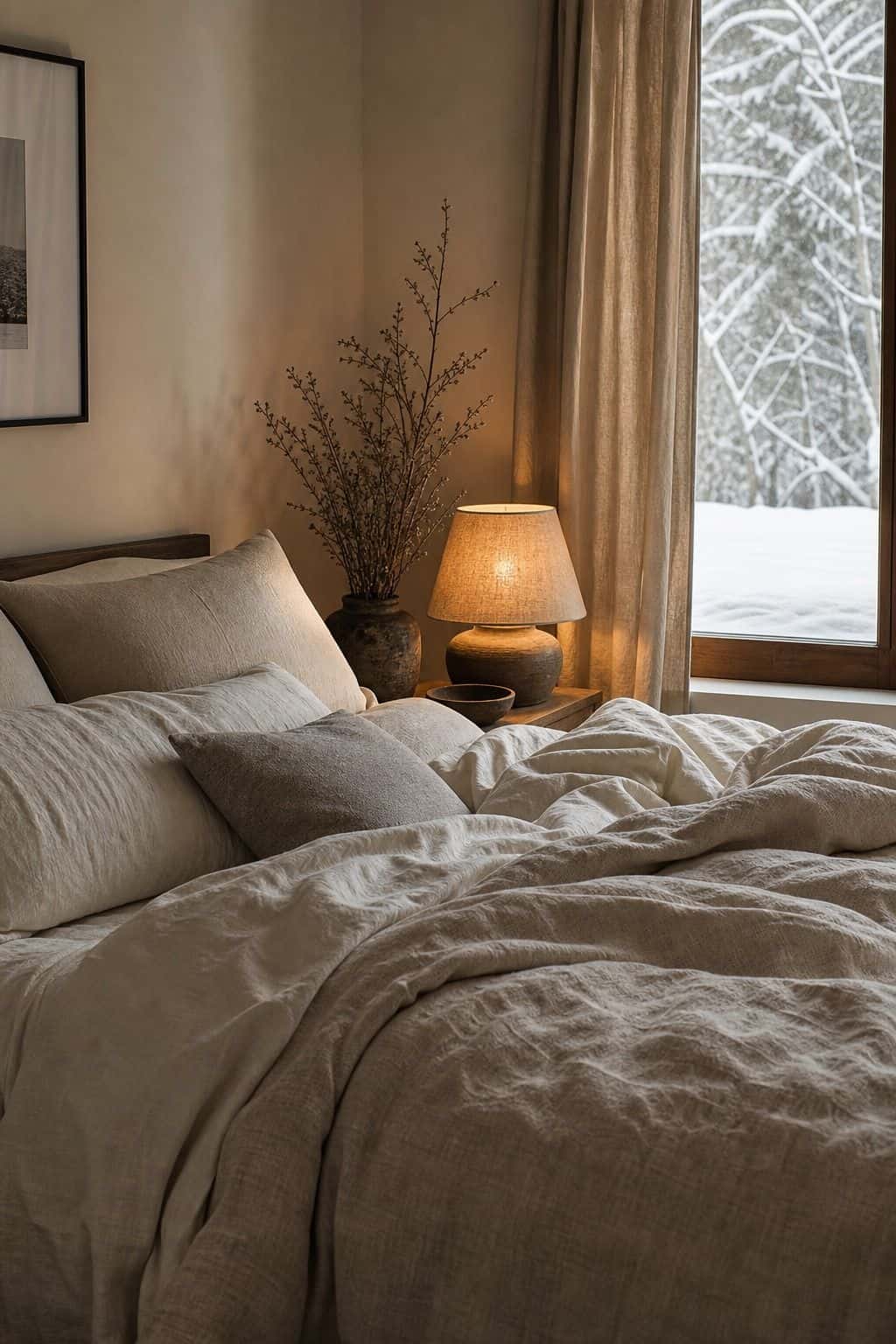 Winter bedroom decor idea with warm bedside lamp in a calm cozy bedroom.