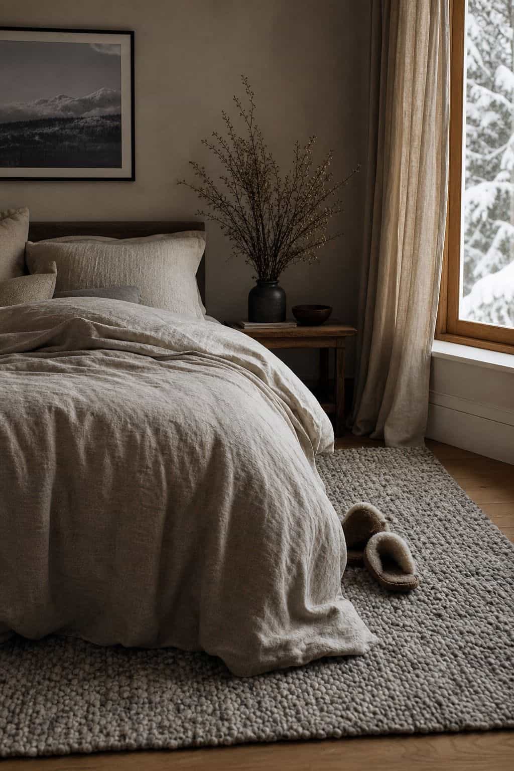 Winter bedroom decor idea with wool rug underfoot in a calm cozy bedroom.