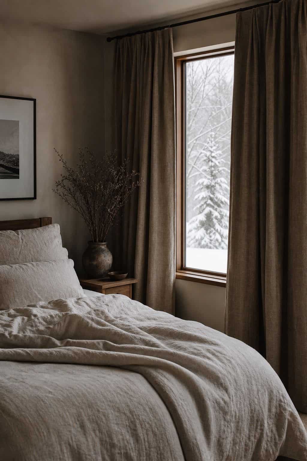 Winter bedroom decor idea with heavier curtain panels in a calm cozy bedroom.