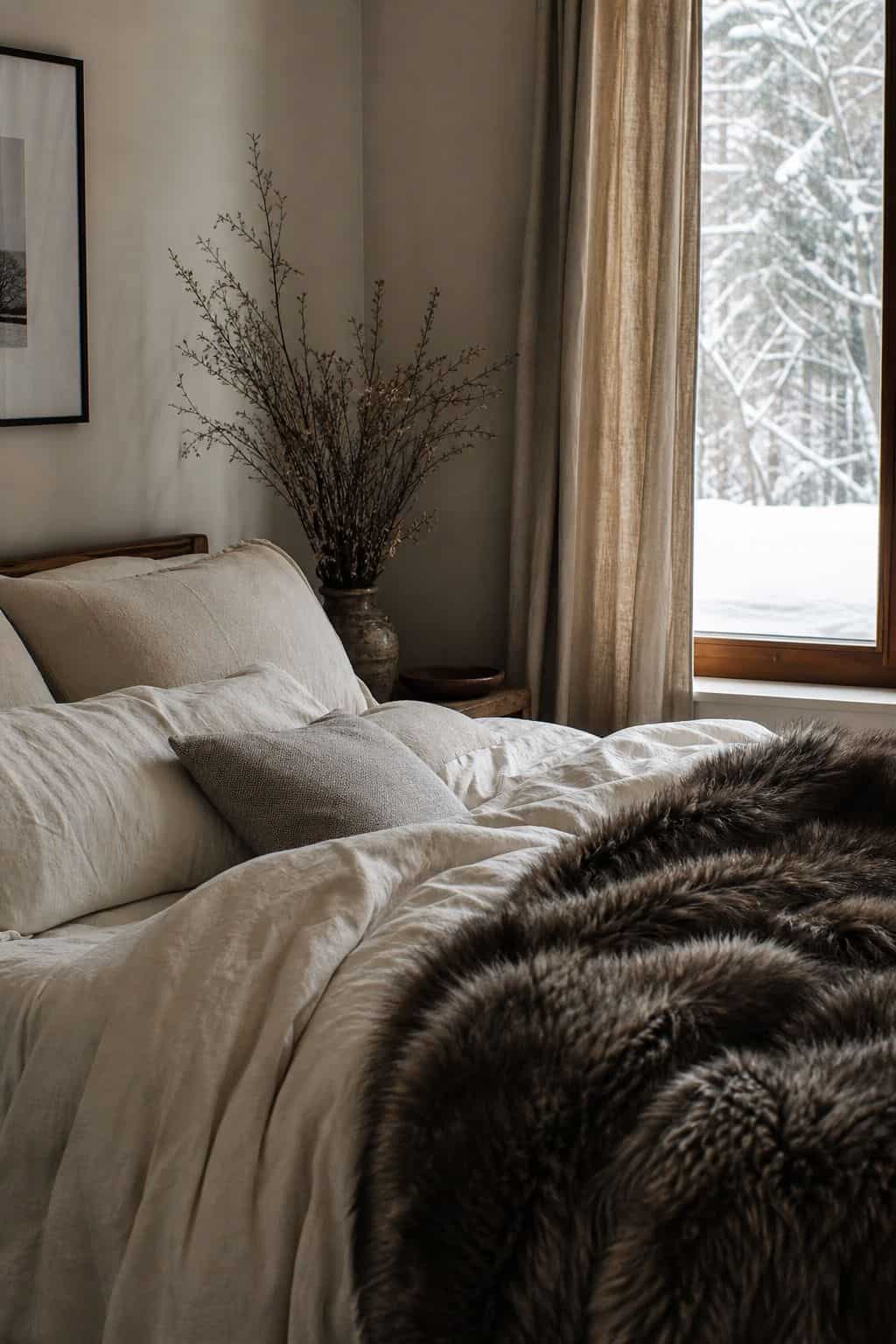 Winter bedroom decor idea with faux fur throw used lightly in a calm cozy bedroom.
