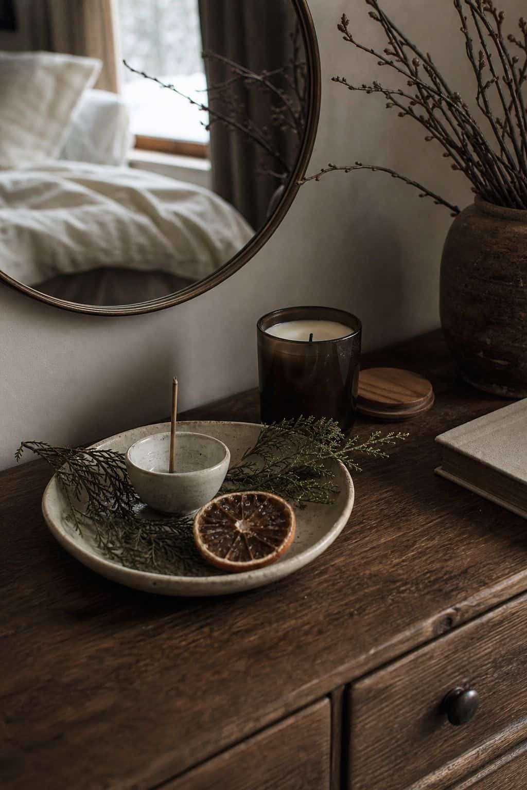 Winter bedroom decor idea with low winter scent in a calm cozy bedroom.
