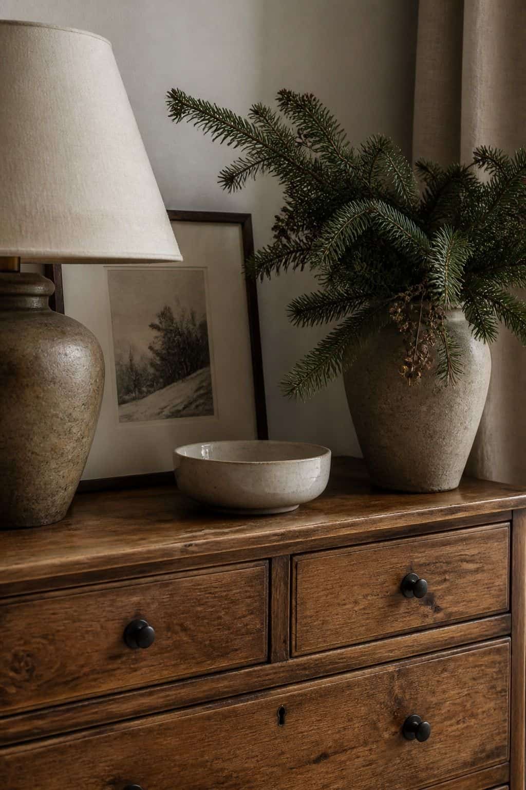 Winter bedroom decor idea with dresser surface edit in a calm cozy bedroom.