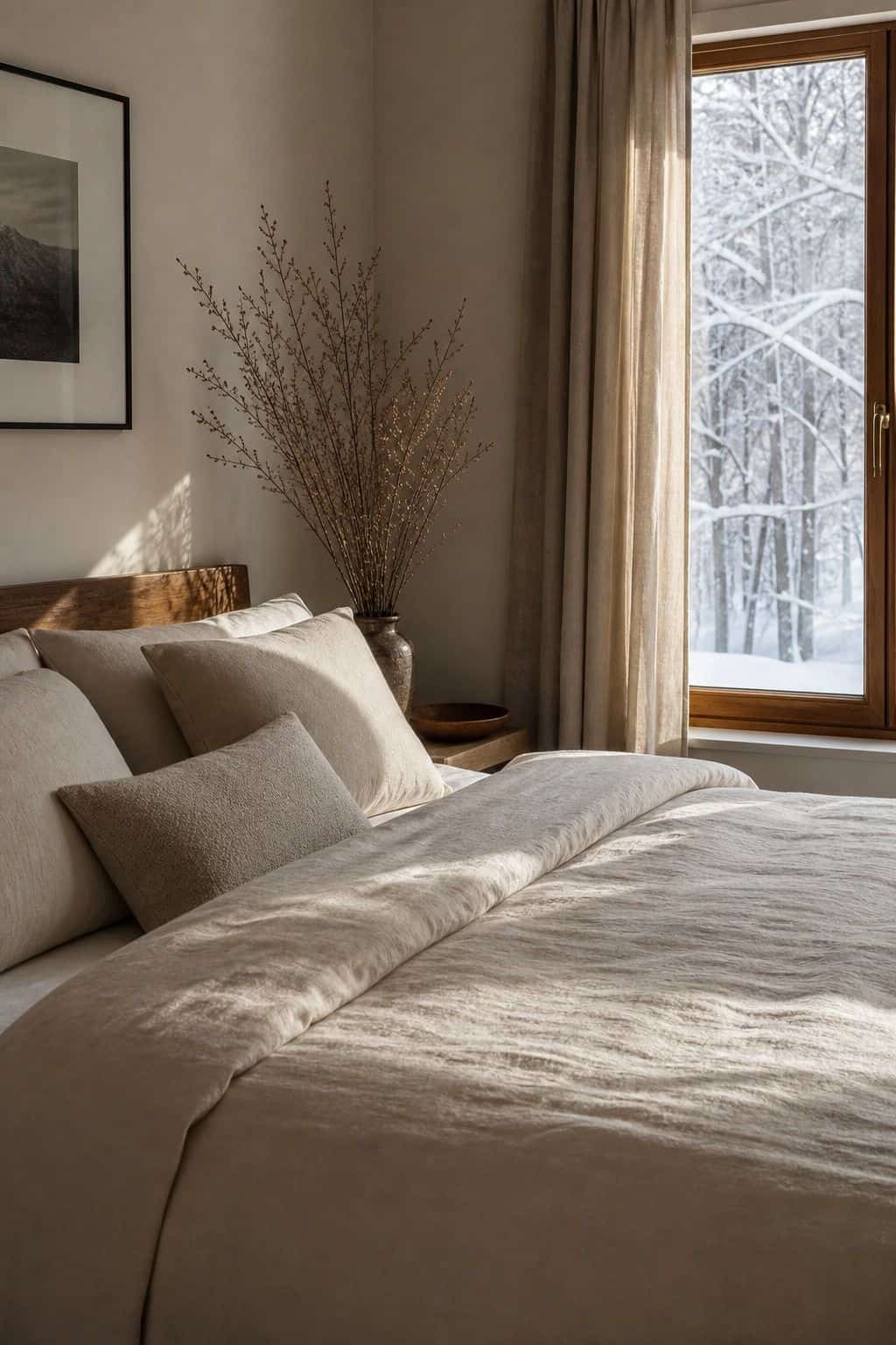 Winter bedroom decor idea with morning light reset in a calm cozy bedroom.