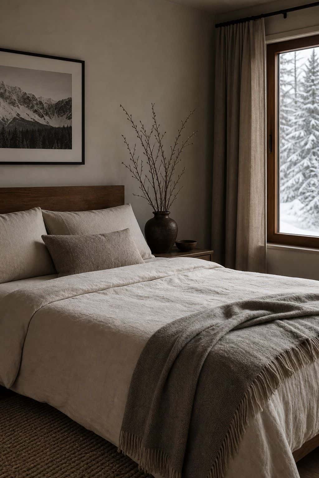 Winter bedroom decor idea with no bedding overload in a calm cozy bedroom.