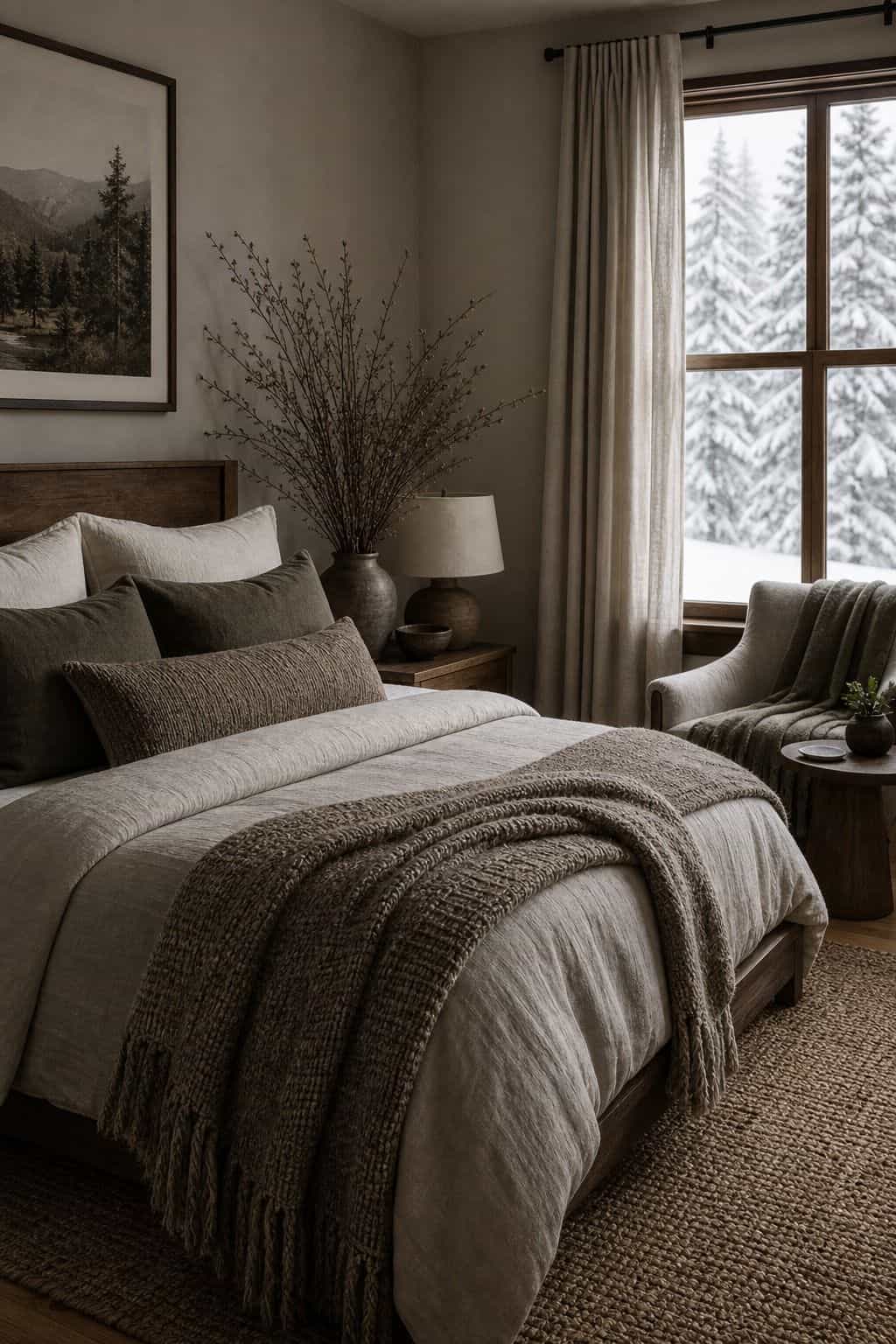 Winter bedroom decor idea with calm color palette in a calm cozy bedroom.