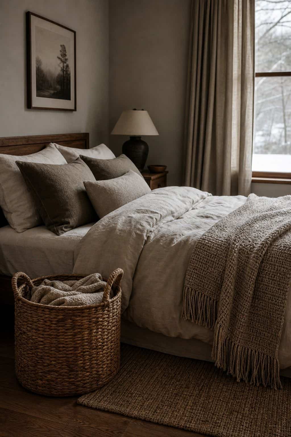 Winter bedroom decor idea with laundry basket that helps in a calm cozy bedroom.