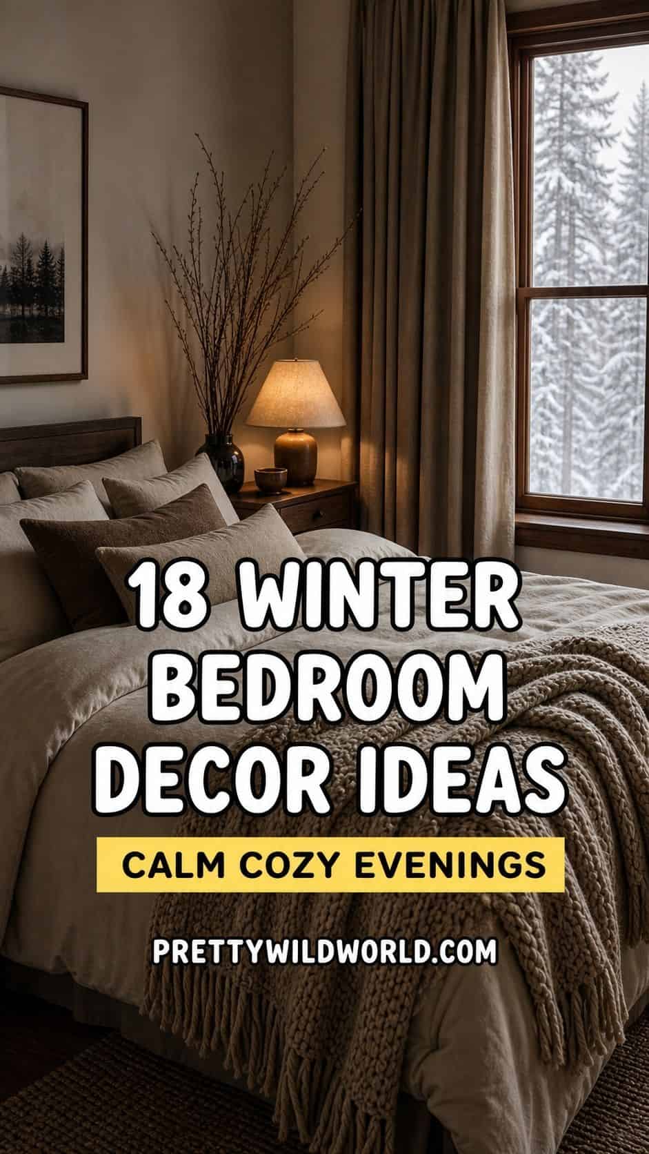Pinterest pin for winter bedroom decor ideas with a cozy calm bedroom.