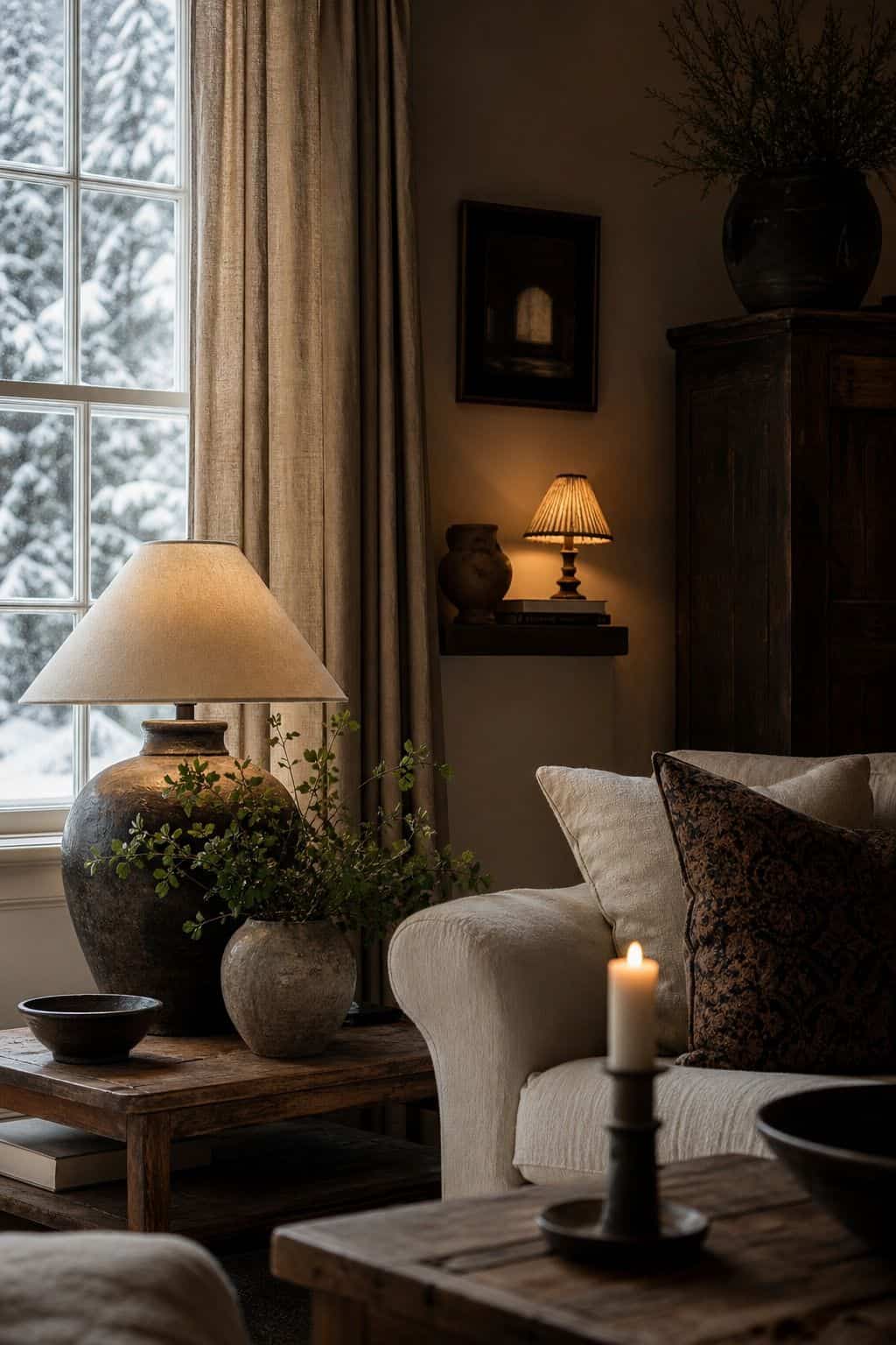 1. Layered Lamp Light winter home decor vignette with warm natural textures and soft daylight.