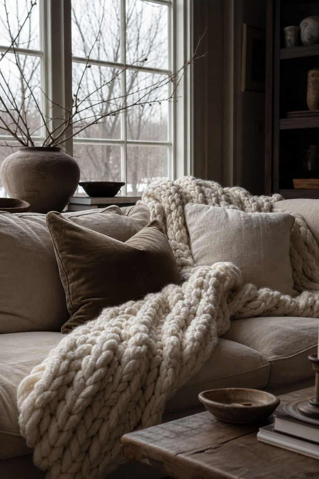 2. Chunky Throw Blanket winter home decor vignette with warm natural textures and soft daylight.