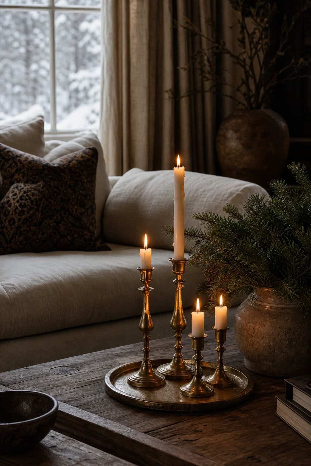 4. Brass Candlelight winter home decor vignette with warm natural textures and soft daylight.