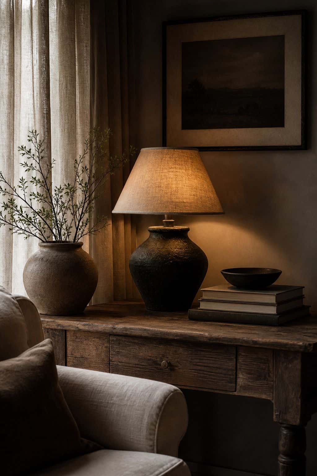 7. Warm Table Lamp winter home decor vignette with warm natural textures and soft daylight.