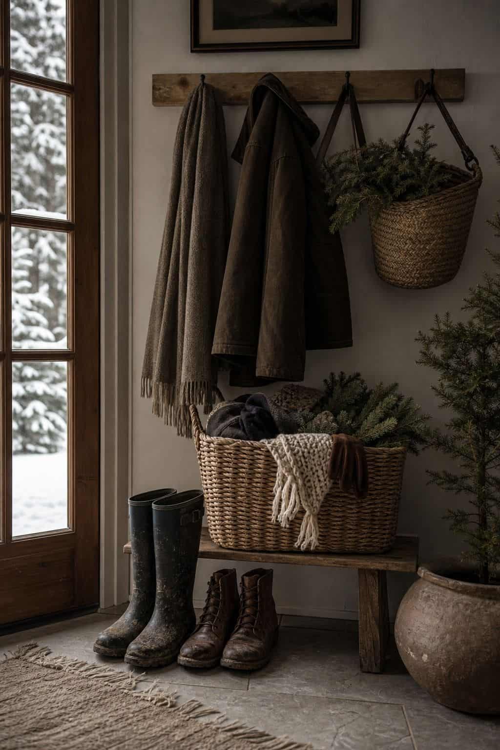 10. Entryway Basket Reset winter home decor vignette with warm natural textures and soft daylight.