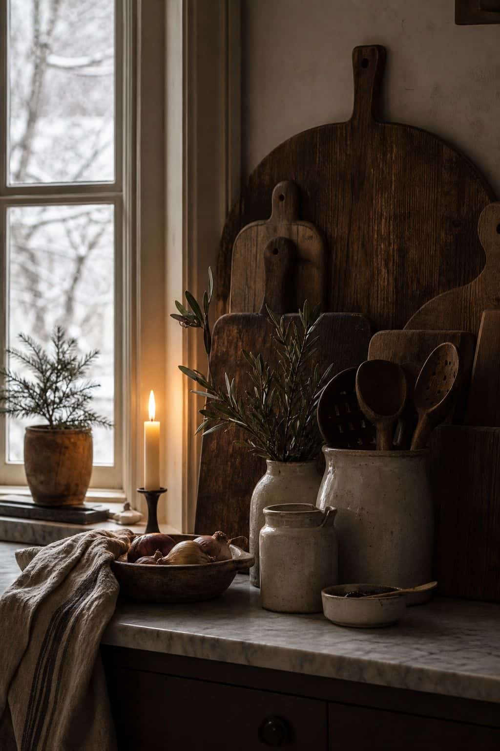 12. Kitchen Counter Warmth winter home decor vignette with warm natural textures and soft daylight.