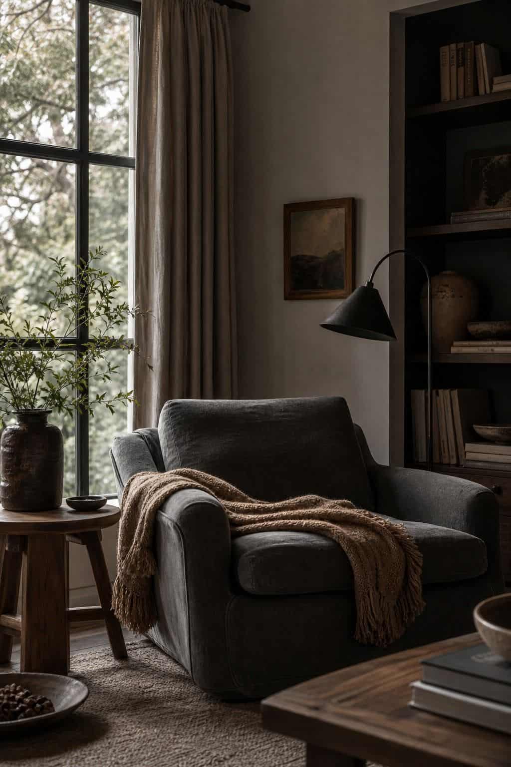 13. Living Room Reading Corner winter home decor vignette with warm natural textures and soft daylight.