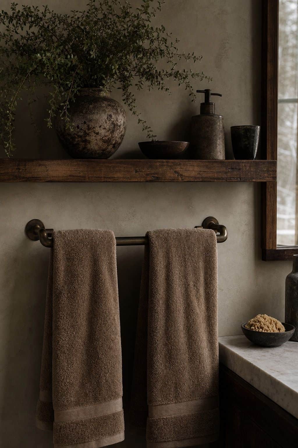 14. Bathroom Towel Swap winter home decor vignette with warm natural textures and soft daylight.