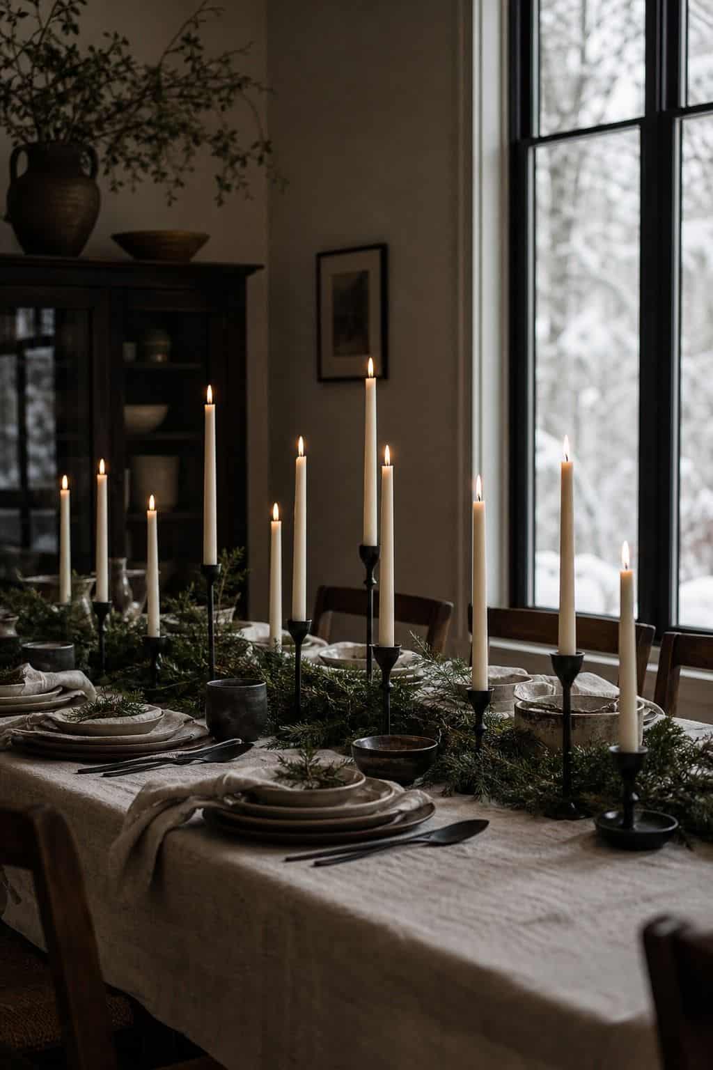 15. Dining Table Candles winter home decor vignette with warm natural textures and soft daylight.