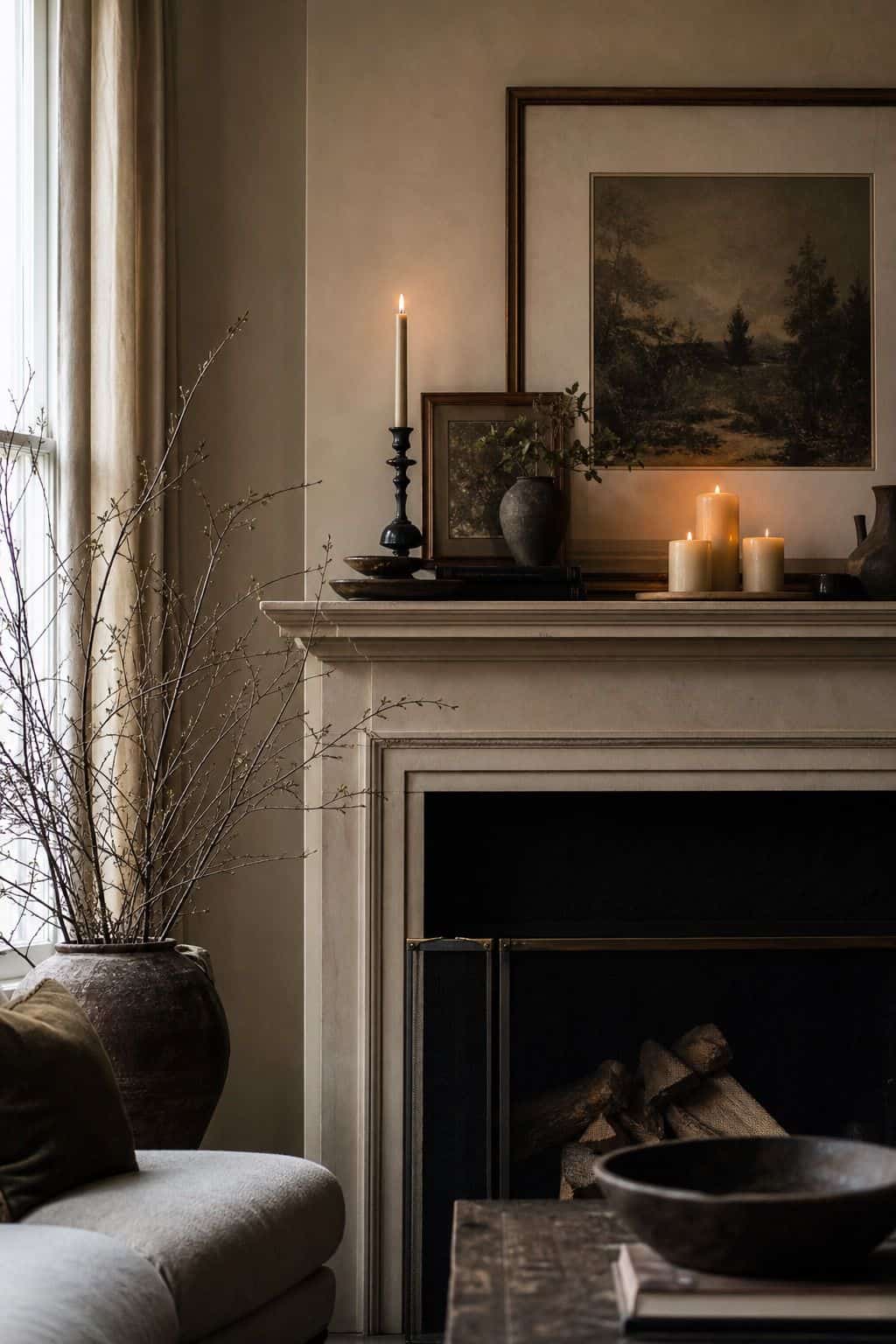 16. Mantel Without Christmas winter home decor vignette with warm natural textures and soft daylight.