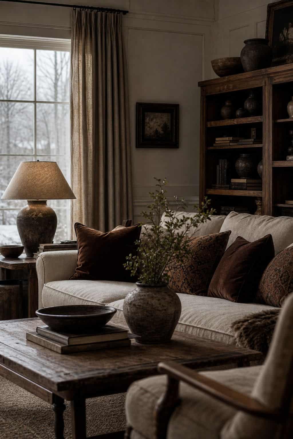 18. Deeper Brown Accent winter home decor vignette with warm natural textures and soft daylight.