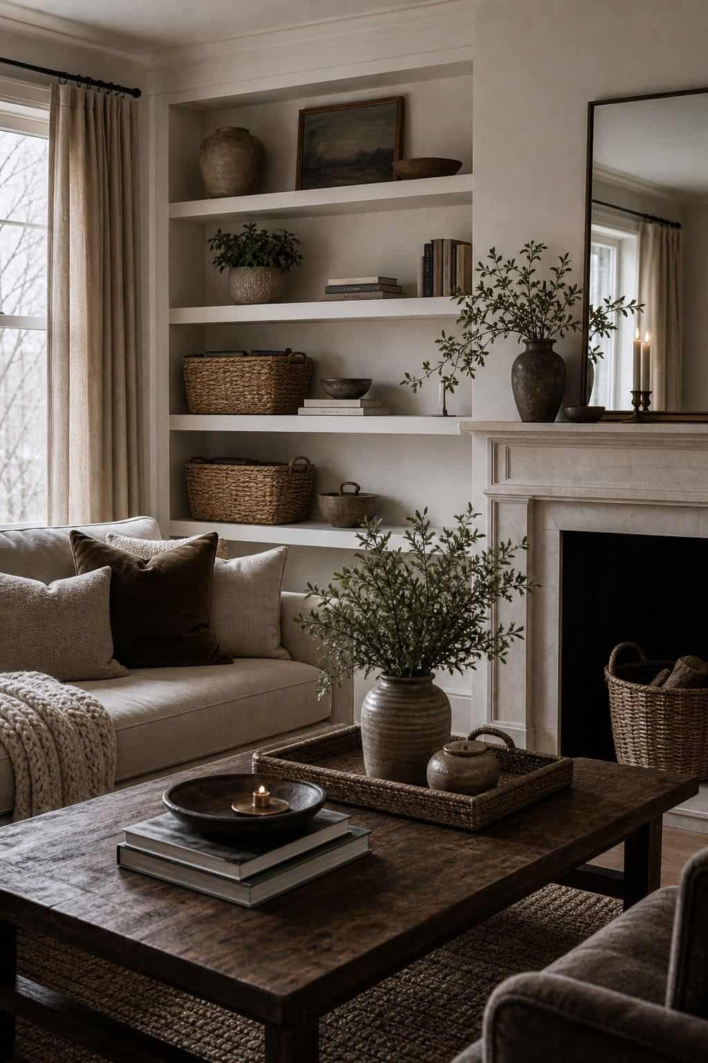 19. Clutter Edit After Holidays winter home decor vignette with warm natural textures and soft daylight.