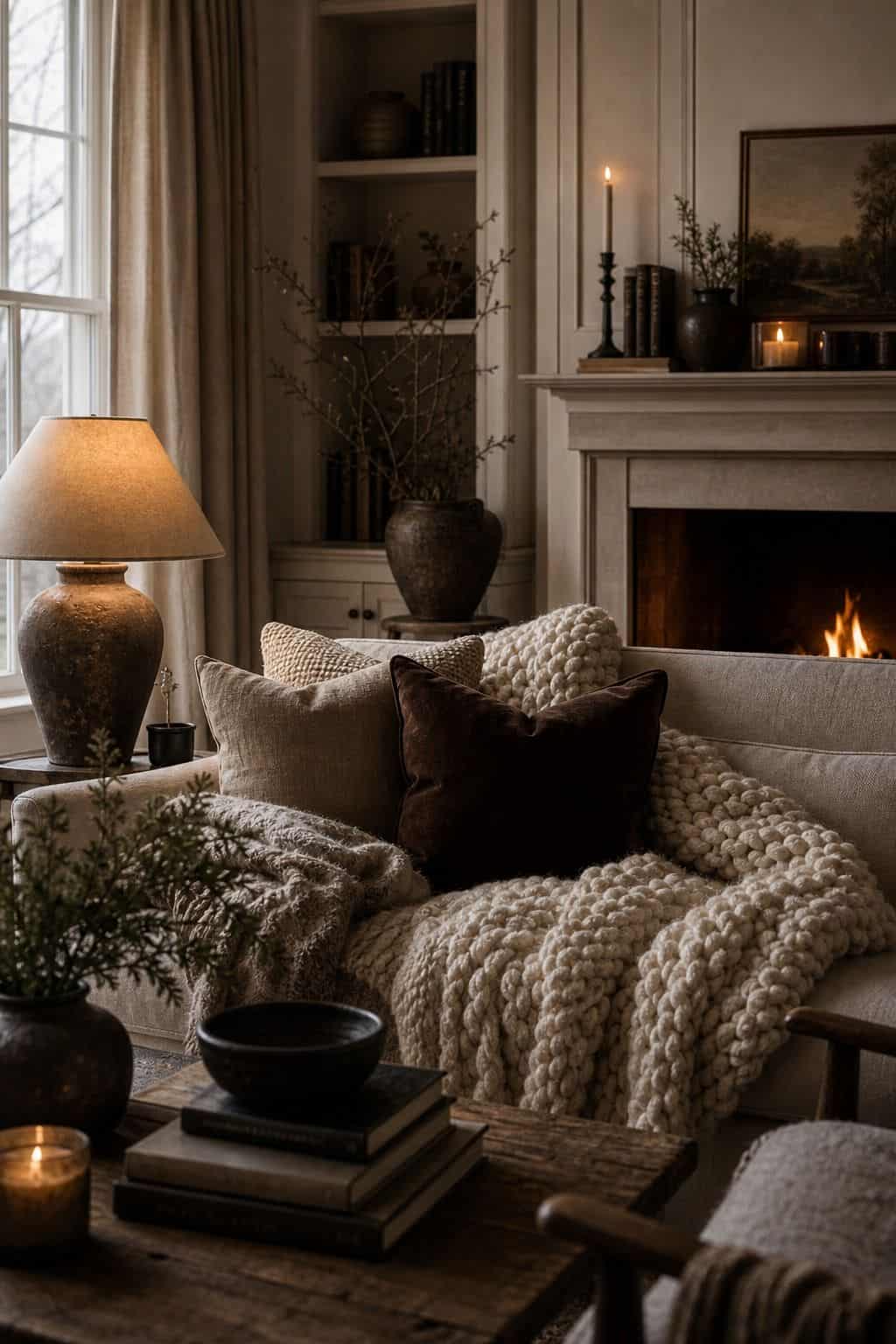 20. Home That Feels Like Rest winter home decor vignette with warm natural textures and soft daylight.