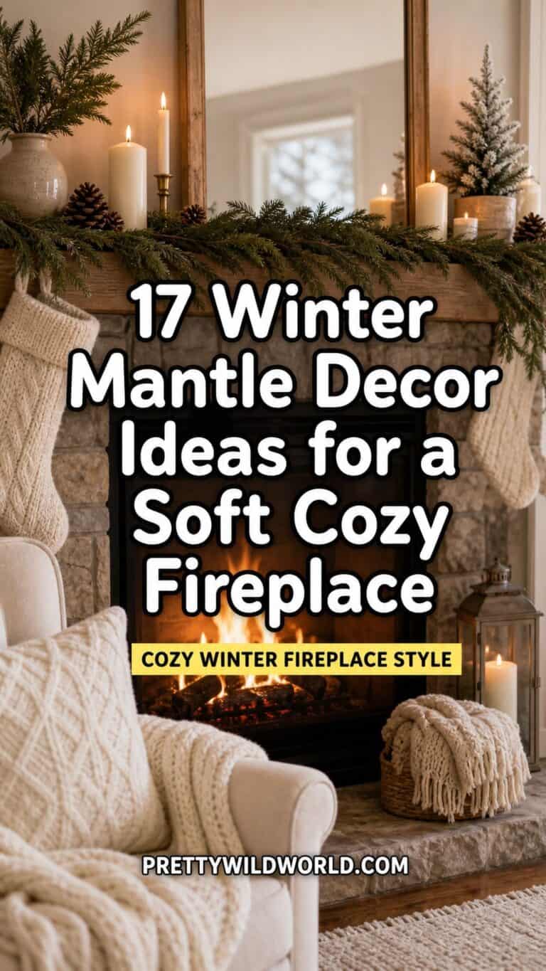 Pinterest pin for cozy winter mantel decor ideas with a styled fireplace.